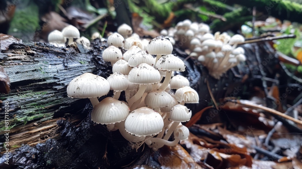 Poster small cluster of white mushrooms emerging from the bark of a fallen tree in a damp woodland setting.