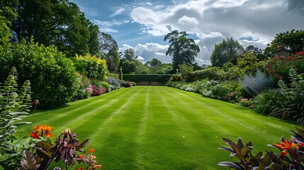 Scenic View of a Beautiful English Style Landscape Garden with a Green Mowed Lawn and Colourful...
