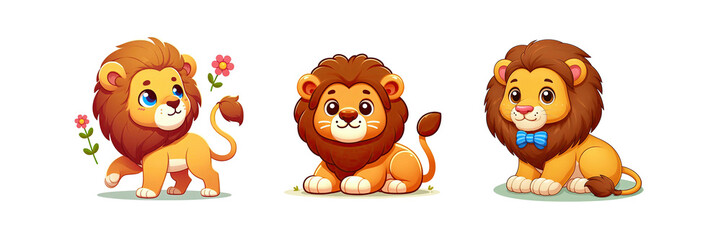 Fototapeta premium Set of illustration of Cartoon Lion Flat Vector, isolated over on transparent white background