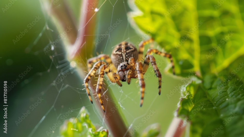 Poster small spider spinning a web between two leaves, showcasing its intricate craftsmanship.