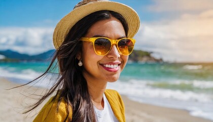 Closeup portrait of a beautiful woman in sunglasses on the beach