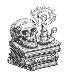 Magical composition with skull, spell books stack and candlestick with burning candle. Halloween, mystic Sketch drawing