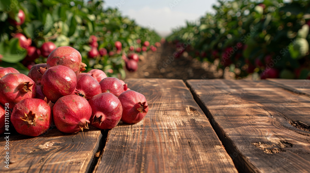 Poster a pile of ripe, red pomegranates placed on a rustic wooden table, with rows of pomegranate trees vis