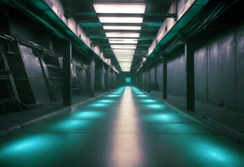 Fototapeta premium 'Sci Basement Green Realistic Glowing Triangle Metal Frame Underground Fluorescent Laser Hangar Dark Warehouse 3D Spaceship Fi Showroom Corridor Blue Steel Futuristic Purple Tunnel Neon poduim'