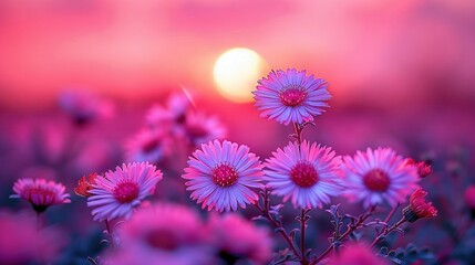   A picture of pink flowers in a field with the sun setting behind it