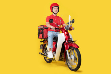 Delivery man on red motorcycle with insulated backpack