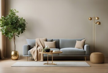 beige interior gray empty table brass floor branch Wall lamp sofa background living coffee room warm mockup tree Decorated throw vase