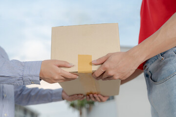 Courteous delivery guy handing over package to female customer