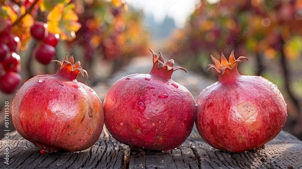 Poster three ripe pomegranates are placed on a wooden table in the middle of a vineyard. the vibrant red fr