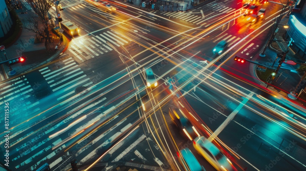 Aufkleber Time-lapse effect of cars moving through an intersection with changing traffic lights, creating light trails.