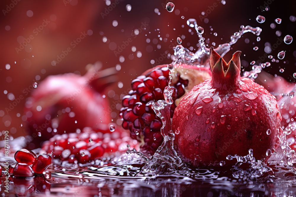 Fototapete fresh pomegranates being splashed with water, creating a vibrant and refreshing image against a dark
