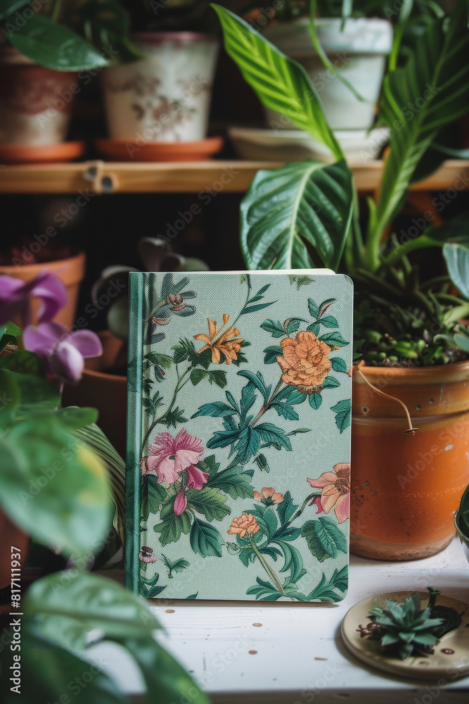 Canvas Prints A notebook is placed on a shelf beside various potted plants, creating a simple and organized display in a room