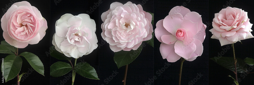 Poster five pink flowers are neatly arranged in a row on a black background. the petals are vibrant and sta
