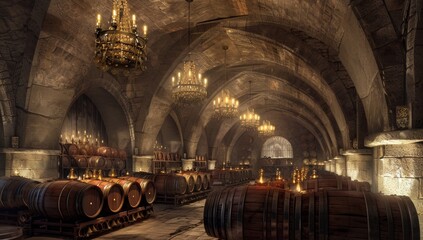 Obraz premium An ancient wine cellar with rows of wooden barrels