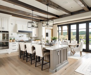A photo of a large open kitchen with an island, light wood floors and dark wooden beams on the ceiling, 