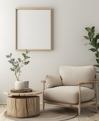 Interior of living room with  a large wood picture frame on the wall ai generative 
