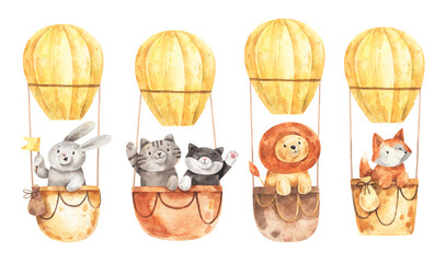 Cute animals fly in yellow hot air balloons. Funny fox, bunny, cats and lion sit in baskets. Watercolor illustration isolated on white background. 