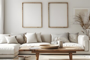 white sofa with grey and beige pillows against the wall with two blank frames for mockups ai generative