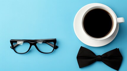 Elixir of Elegance: Coffee and Bow Tie Dance on Blue