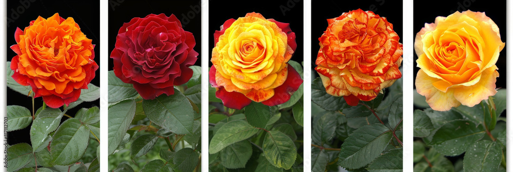 Poster A row of roses in various colors lined up in a neat arrangement, showcasing the diversity of the flower species in a garden or floral display