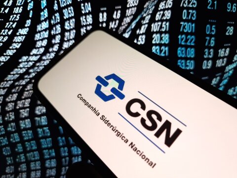 Konskie, Poland - May 15, 2024: Companhia Siderurgica Nacional company logo displayed on mobile phone