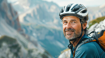 middle-aged cyclists conquering extreme mountain trails, emphasizing the blend of challenge, scenery, and enjoyment. - Powered by Adobe