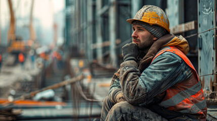 a construction worker taking a break, looking sick and tired, with a realistic construction site in the background.