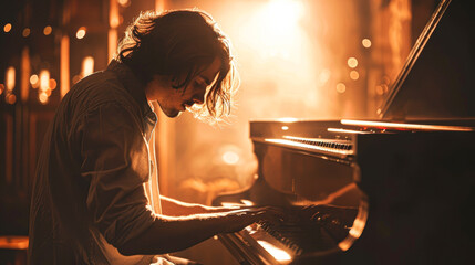 a musician composing at an old piano, with colorful notes and compositions scattered around in a...