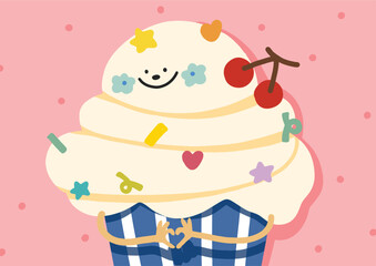a smiley cupcake with flower ,colorful sprinkle and cherry on top for happy birthday card decoration, illustration	 card