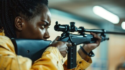 Black  woman practicing target shooting sport, person is focused and enjoying the sport, sports photography, generative ai