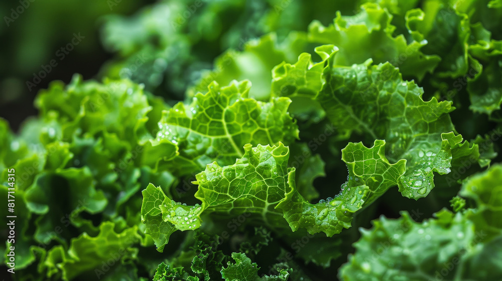 Wall mural A close-up view of kale leaves growing in a garden, showcasing the vibrant green colors and unique textures of the plant. The leaves are tightly packed together, with visible veins and serrated edges