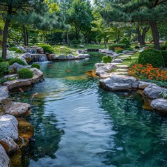 Japanese garden with pond, koi fishes swimming on calm water and green trees around	
