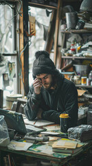 a sick artist at their studio, realistically continuing their creative work amidst health challenges.
