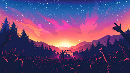 Fototapeta premium illustration a summer music festival vector poster, featuring a crowd enjoying a concert under the stars,