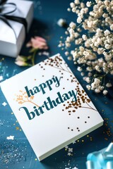 white greeting card with happy birthday theme on a decorative background