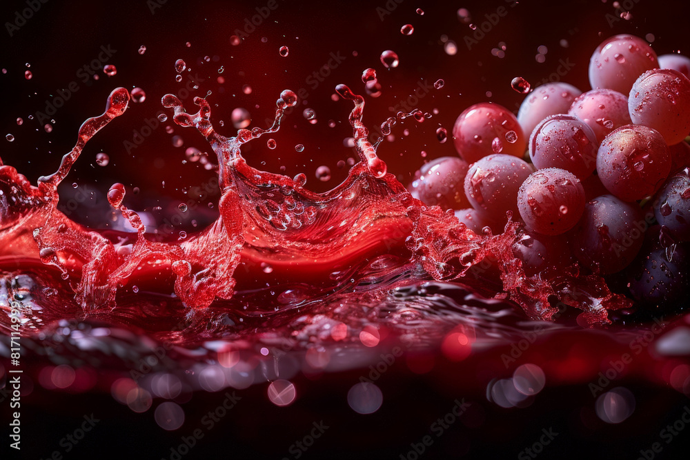 Aufkleber red grapes are shown splashing red wine on a black background