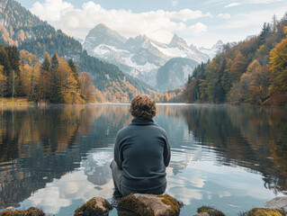 person sitting at mountain lake watching sunrise during spring - Powered by Adobe