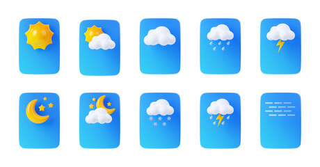 Set of nine weather icons featuring various clouds and sun