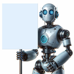 Metallic robot on white background holding a blank sign for presentations.