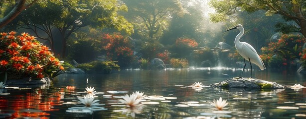 Japanese garden with pond, crane bird resting on rocks, and green trees around	
