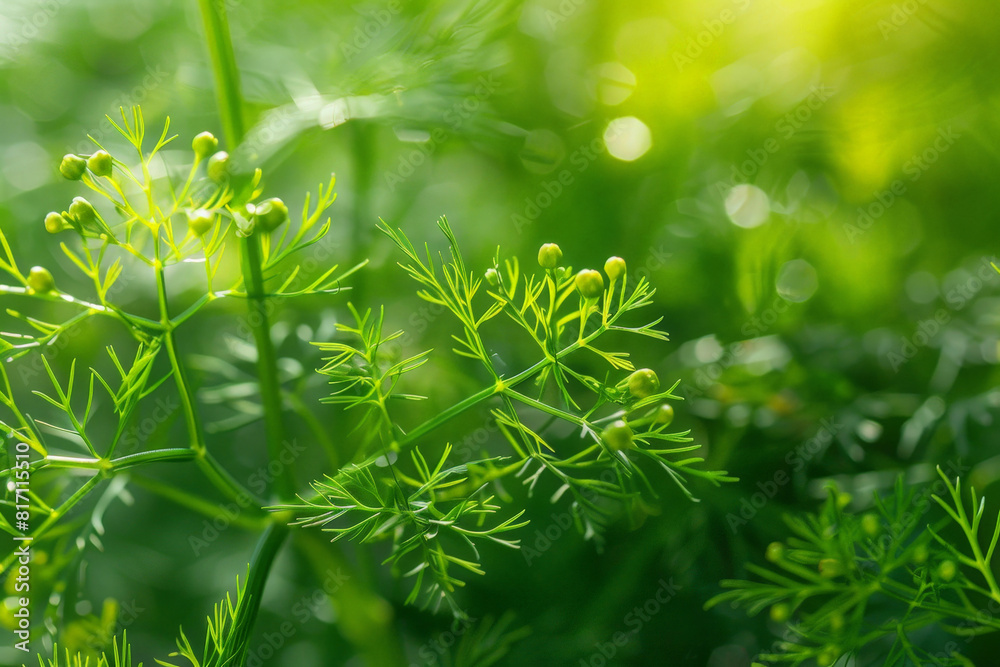 Poster detailed view of vibrant green dill leaves in a field, showcasing the intricate patterns and texture