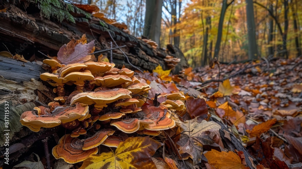 Poster variety of fungi sprouting from a decaying log in a vibrant autumn forest, surrounded by fallen leav