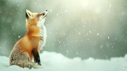 Red fox in snowy landscape, gazing upwards; ideal for winter themes in advertising or editorial uses.