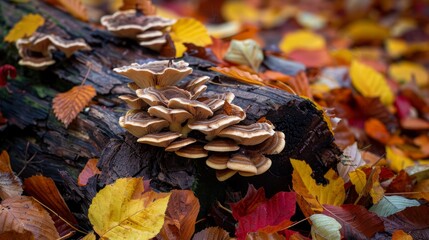 Variety of fungi sprouting from a decaying log in a vibrant autumn forest, surrounded by fallen leaves.