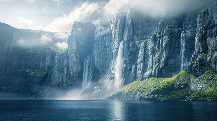 A majestic iceberg sculpted by nature reflects in a glacial lake framed by snow-capped mountains