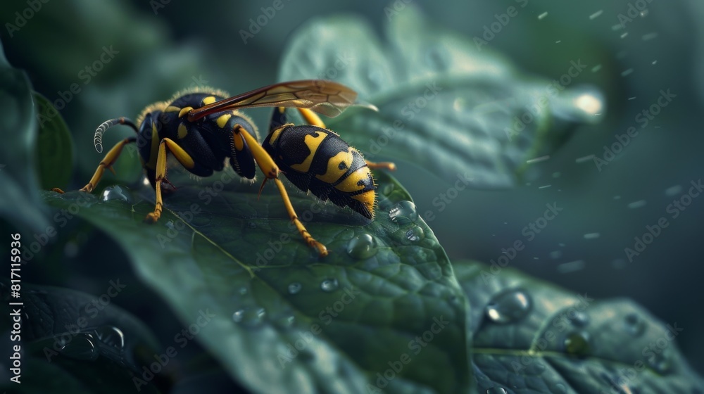Poster wasp resting on a leaf, its wings folded neatly against its body.