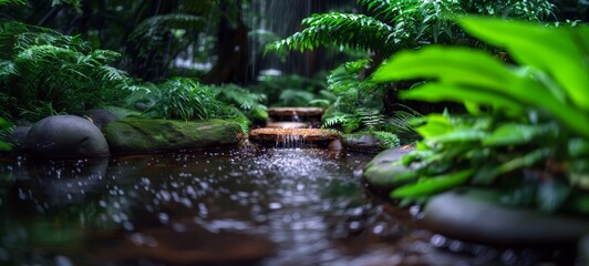 Japanese garden with a waterfall falling in a pond, green trees around