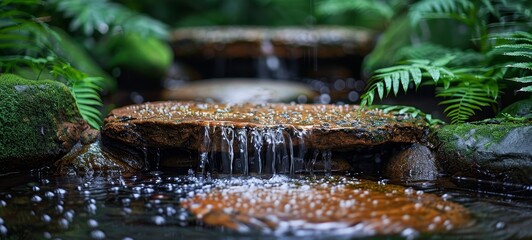 Japanese garden with a waterfall falling in a pond, closeup view