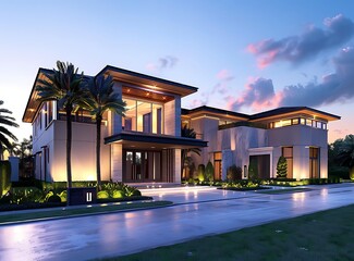 A photo of the front view of an elegant modern home in Palm Beach Florida with sunset lighting, the...