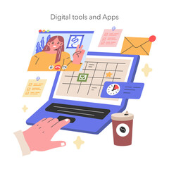 Digital Tools and Apps illustration A modern professional navigates workflow using digital tools, keeping tasks organized and time managed with a virtual calendar Vector illustration